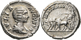 JULIA DOMNA (†217), femme de Septime Sévère, AR denier, 196-211, Rome. D/ IVLIA AVGVSTA B. dr. à d. R/ MATER AVGG Cybèle ten. un rameau, assise sur un...