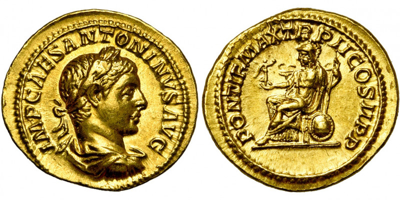 ELAGABAL (218-222), AV aureus, 219, Rome. D/ IMP CAES ANTONINVS AVG B. l., dr., ...