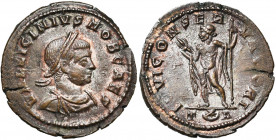 LICINIUS II César (317-324), AE follis, 318, Arles. D/ VAL LICINIVS NOB CAES B. l., dr. à d. R/ IOVI CONSER-VATORI/ TA Jupiter deb. à g., ten. le fou...
