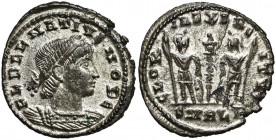 DELMATIUS César (335-337), AE follis, 335, Alexandrie. D/ FL DELMATIUS NOB C B. l., dr., cuir. à d. R/ GLOR-IA EXERC-ITVS/ SMALB Un étendard entre deu...