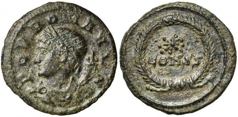 POPULUS ROMANUS, AE follis, 330, Constantinople. D/ POP ROMANVS B. dr. à g., une...