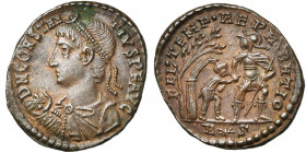 CONSTANCE II Auguste (337-361), AE centenionalis, 348-350, Rome. D/ DN CONSTAN-TIVS P F AVG B. diad., dr., cuir. à g., ten. un globe de la main d. R/ ...