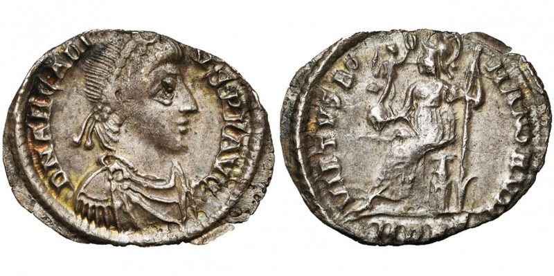 ARCADIUS (383-408), AR silique, 392-402, Milan. D/ DN ARCADI-VS PF AVG B. diad.,...