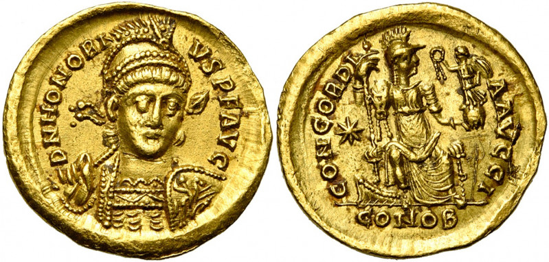 HONORIUS (393-423), AV solidus, 408-420, Constantinople. Off. I. D/ DN HONORI-VS...