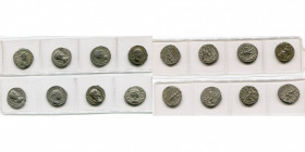lot de 8 deniers frappés à Rome: Caracalla Auguste, R/ Mars ten. une branche et une lance retournée (taches de vert-de-gris), Dea Caelestis, Mars ten....