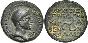 CILICIE, OLBA, Ajax, grand-prêtre et toparque (10-14), AE bronze, 10-11. D/ AIANTOΣ- TEYKPOY B. dr. d''Ajax à d., coiffé d''un bonnet. Devant, caducée...
