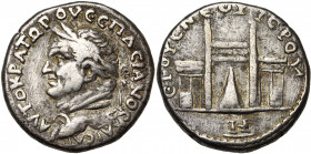 CHYPRE, Vespasien (69-79), AR tétradrachme, 75-76. D/ AVTOKPATΩP OVECΠACIANOC KAICAP T. l. à g. R/ ETOYC NEOY IEPOY Temple d''Aphrodite à Paphos. A l'...