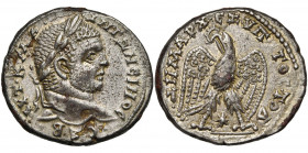 SYRIE, LAODICEE, Caracalla (198-217), bill. tétradrachme, 213-217. D/ AVT·K·M·A· - ·ANTΩNEINOC· CEB· T. l. à d. R/ ΔHMAPX· EΞ· VΠATOC· TO·Δ· Aigle de ...