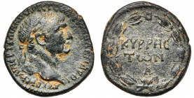 CYRRHESTIQUE, CYRRHUS, Trajan (98-117), AE bronze. D/ T. l. à d. R/ KVRRHC/TWN/ A dans une couronne de laurier. Butcher p. 442, 1; BMC 2. 10,30g Rare ...