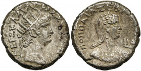 EGYPTE, ALEXANDRIE, Néron (54-68), bill. tétradrachme, 64-65. D/ T. r. de Néron à d. R/ ΠΟΠΠAIA ΣEBAΣTH B. dr. de Poppée à d. Devant, LIA (an 11). Emm...