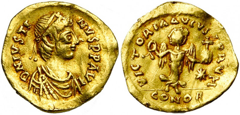 Justin Ier (518-527), AV tremissis, Constantinople. D/ B. diad., dr., cuir. à d....