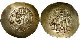 Manuel Ier Comnène (1143-1180), El. aspron trachy d''électrum, 1160-1164 (?), Constantinople. D/ Le Christ deb. de f. sur un souppedion. Deux étoiles ...