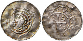 ALLEMAGNE, GOSLAR (?), Otton III, roi (983-996), AR denier. Type Otto-Adelheid. D/ []AELDEIDXA T. à g. R/ Croix cantonnée de O-D-D-O. Légende + DI GRA...