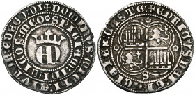 ESPAGNE, CASTILLE ET LEON, Henri II de Trastamare (1368-1379), AR real, Séville. D/ Grand monogramme EN couronné. Double légende sur le tour. R/ Quadr...