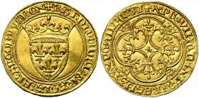FRANCE, Royaume, Charles VI (1380-1422), AV écu d''or à la couronne, 1e émission (mars 1385). D/ Ecu de France couronné. R/ Croix fleurdelisée et feui...