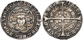 GRANDE-BRETAGNE, Henri VI, 1er règne (1422-1461), AR groat, 1422-1427, Calais. Annulet issue. Pierced cross (II). D/ B. cour. de f. dans un polylobe. ...