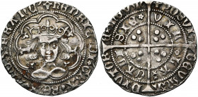 GRANDE-BRETAGNE, Henri VI, 1er règne (1422-1461), AR groat, 1427-1430, Calais. Rosette-mascle issue. D/ B. cour. de f. dans un polylobe. R/ VIL-LA- ...