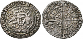 GRANDE-BRETAGNE, Henri VI, 1er règne (1422-1461), AR groat, 1430-1434, Calais. Pinecone-mascle issue. D/ B. cour. de f. dans un polylobe. R/ VIL-LA-...