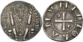 ITALIE, MILAN, Première République (1250-1310), AR ambrosino (grosso da 10 denari), vers 1264-1278/1280. Classe E2. D/ MEDIOLANV Croix cantonnée de de...