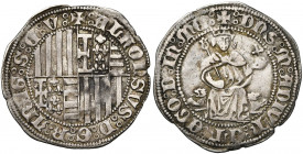 ITALIE, NAPLES, Alphonse Ier d''Aragon (1442-1458), AR carlino (alfonsino). D/ Armoiries en plein champ, écartelées d''Aragon au 1er et au 4e, de Jéru...
