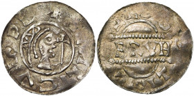 NEDERLAND, AR denarius. Imitatie van het Friese type van Bruno III geslagen te Leeuwarden (1050-1057). Vz/ Bb. naar r., met daarvoor een kruisscepter....