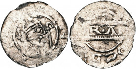 NEDERLAND, AR denarius. Imitatie van het Friese type van Bruno III geslagen te Dokkum (1050-1057). Vz/ Bb. naar r., met daarvoor een staf. Kz/ In het ...