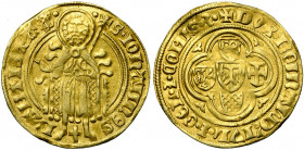 NEDERLAND, GELDERLAND, Hertogdom, Reinoud IV (1402-1423), AV goudgulden. Vz/ Staande heilige met kruis tussen de voeten. Kz/ Vijf wapentjes in een vie...