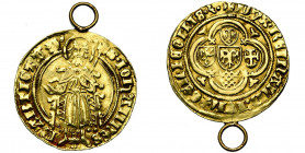 NEDERLAND, GELDERLAND, Hertogdom, Reinoud IV (1402-1423), AV goudgulden. Vz/ Staande heilige met kruis tussen de voeten. Kz/ Vijf wapentjes in een vie...