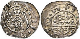 NEDERLAND, HOLLAND, Graafschap, Floris I (1049-1061), AR denarius, Leiden. Imitatie van het Utrechtse type van Willem van Pont (1054-1076). Vz/ De sta...