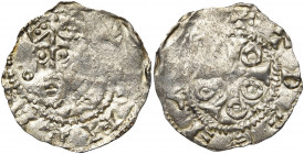 NEDERLAND, TIEL, keizerlijke munt, Hendrik IV (1056-1106), AR denarius. Vz/ Gekroond hood v.v. tussen twee ringetjes. Kz/ Kruis met vier ringetjes in ...
