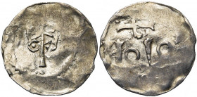NEDERLAND, AR denarius, ca. 1050. Imitatie van het Tielse en Keulse type. Vz/ Gekroond hoofd v. v. Kz/ / COLON[I/A] (teruglopend). Ilisch I, 5.8. 0,8...