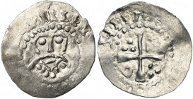 NEDERLAND, AR denarius, ca. 1070. Imitatie in Friesland (?). Vz/ Bb. v. v. Kz/ Kruis met in de hoeken twee ringetjes en twee groepen van drie punten. ...