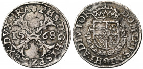 BRABANT, Duché, Philippe II (1555-1598), AR demi-écu de Bourgogne, 1568, Anvers. D/ Croix de Bourgogne chargée d''un briquet, accostée de la date. R/ ...