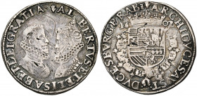 BRABANT, Duché, Albert et Isabelle (1598-1621), AR florin d''argent, 1602 (sur 1599), Anvers. D/ B. affrontés des archiducs. R/ Ecu couronné, entouré ...