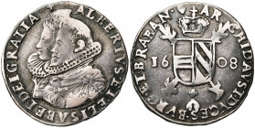 BRABANT, Duché, Albert et Isabelle (1598-1621), AR triple réal, 1608, Anvers. D/ B. accolés des archiducs à g. R/ Ecu parti d''Autriche-Bourgogne, cou...