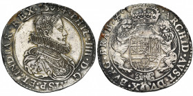 BRABANT, Duché, Philippe IV (1621-1665), AR ducaton, 1634, Anvers. Premier type. D/ B. cuir. à d., une grande fraise au col. R/ Ecu couronné, tenu par...