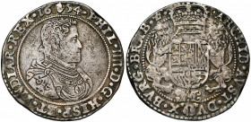 BRABANT, Duché, Philippe IV (1621-1665), AR ducaton, 1654, Anvers. Deuxième type. D/ B. dr. et cuir. à d. R/ Ecu couronné, tenu par deux lions. En des...