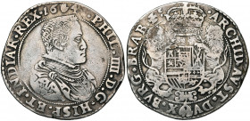 BRABANT, Duché, Philippe IV (1621-1665), AR demi-ducaton, 164[8], Anvers. Deuxième type. D/ B. dr. et cuir. à d. R/ Ecu couronné, tenu par deux lions....