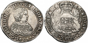 BRABANT, Duché, Charles II (1665-1700), AR ducaton, 1666, Anvers. Premier type. D/ B. enfantin à d. R/ Ecu couronné, tenu par deux lions, orné du bijo...