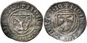 NAMUR, Comté, Guillaume II (1391-1418), Cu double mite anonyme. D/ + MONETA NOVA NAMVRC Ecu au lion. R/ + MONETA NOVA NAMVRIC Ecu à l''aigle bicéphale...