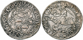 LIEGE, Principauté, Georges d''Autriche (1544-1557), AR daler au saint Georges, 1550. D/ L''écu écartelé de l''évêque surmonté d''un heaume à cimier e...