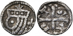 VLAANDEREN, Graafschap, AR kleine denarius, 1253-1259, Gent. Vz/ Gehelmd hoofd l. met in de helm drie punten gescheiden door een streepje en erboven e...