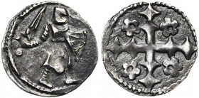 VLAANDEREN, Graafschap, AR kleine denarius, na 1259, Brugge. Vz/ Krijger n. r. met zwaard en schild. Kz/ Dubbel geruit kruis met in de hoeken vier roo...