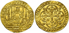 VLAANDEREN, Graafschap, Lodewijk van Male (1346-1384), AV nieuw gouden schild met de leeuw (écu d''or au lion), 1370/1372-1384, Gent en Mechelen. Vz/ ...