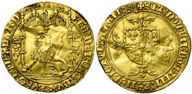 VLAANDEREN, Graafschap, Philips de Goede (1419-1467), AV gouden leeuw (lion d''or), 1454-1460, Brugge en Gent. Vz/ Zittende leeuw n. l. onder een goti...