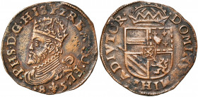 VLAANDEREN, Graafschap, Philips II (1555-1598), Cu oord (12 mijten), 1585, Brugge. Vz/ Gekroond bb. l. Kz/ Gekroond wapen Oostenrijk-Bourgondië. G.H. ...