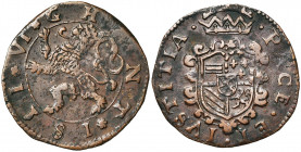 VLAANDEREN, Gent in opstand tegen Philips II (1581-1584), Cu 6 mijten, 1581. Met wapen van Philips II. Vz/ *VI*GHENT*/ 1581 Klimmende leeuw l. Kz/ PAC...