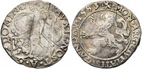 VLAANDEREN, Gent in opstand tegen Philips II (1581-1584), AR acht stuiver, 1583. Vz/ ·AVXIL· NOST· A·- DOMINO· Gentse maagd, hoofd n. r., met leeuwens...