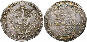 VLAANDEREN, Graafschap, Albrecht en Isabella (1598-1621), AR pauwenschelling, 1621, Brugge. Vz/ Gekroonde pauw met het wapenschild Oostenrijk-Bourgond...