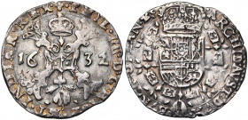 VLAANDEREN, Graafschap, Philips IV (1621-1665), AR kwart patagon, 1632, Brugge. Vz/ Gekroond stokkenkruis met een vuurijzer tussen het jaartal en het ...